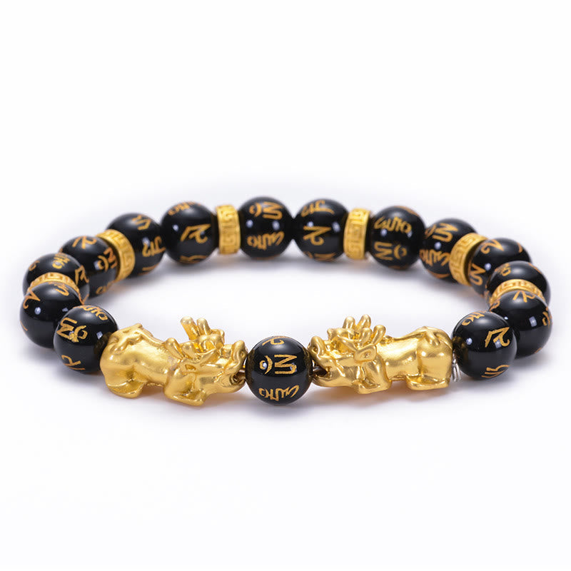 Two Pixiu Om Mani Padme Hum Engraved Mantra Gemstone Beaded Bracelet