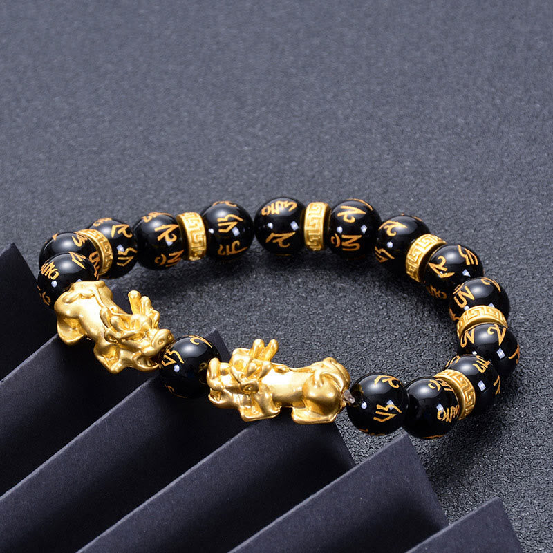 Two Pixiu Om Mani Padme Hum Engraved Mantra Gemstone Beaded Bracelet