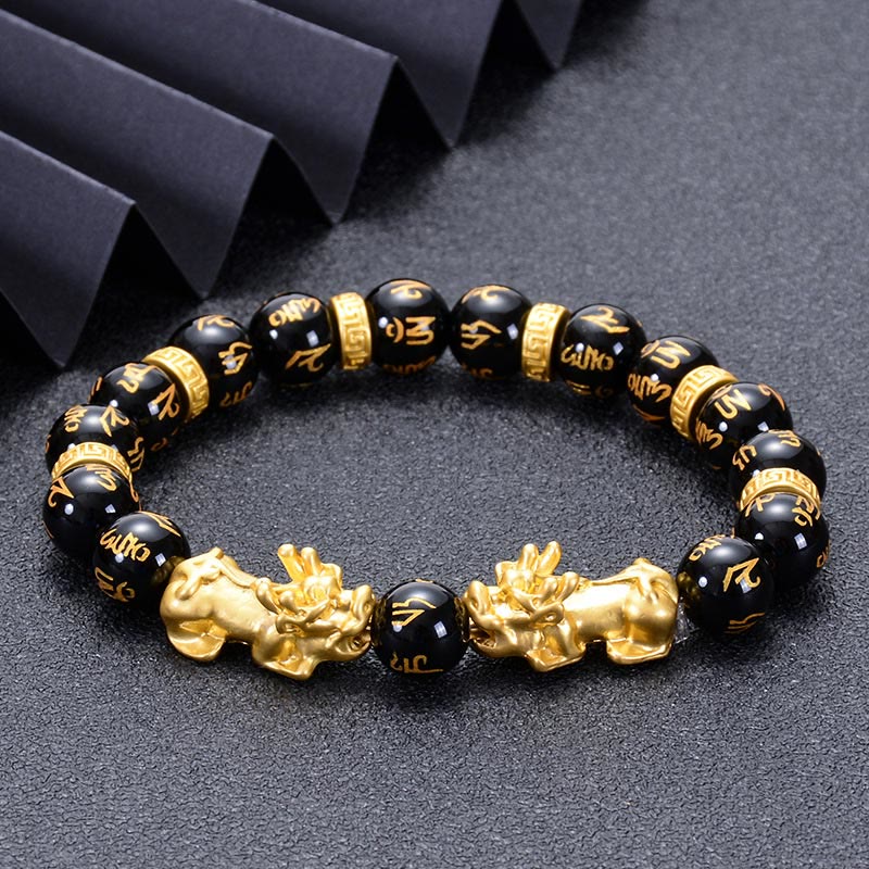 Two Pixiu Om Mani Padme Hum Engraved Mantra Gemstone Beaded Bracelet