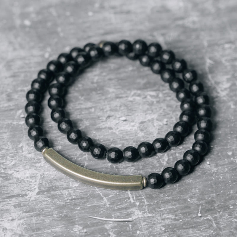 Frosted Black Onyx with Copper and Brass Accents Double Wrap Bracelet