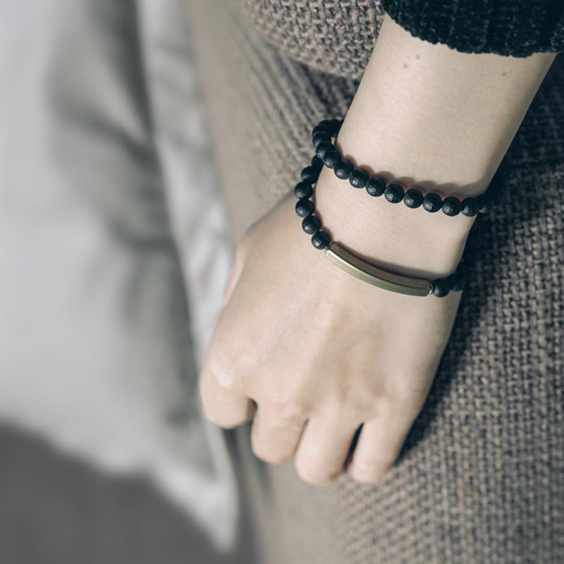 Frosted Black Onyx with Copper and Brass Accents Double Wrap Bracelet
