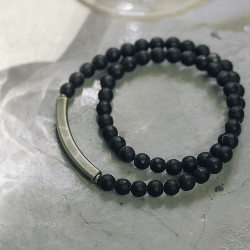Frosted Black Onyx with Copper and Brass Accents Double Wrap Bracelet
