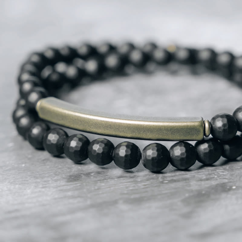 Frosted Black Onyx with Copper and Brass Accents Double Wrap Bracelet