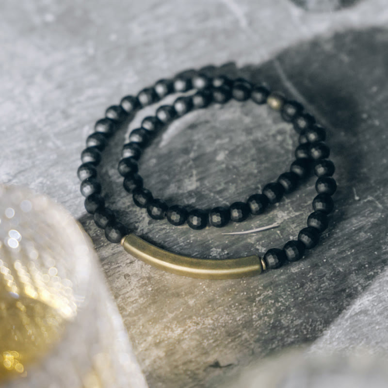 Frosted Black Onyx with Copper and Brass Accents Double Wrap Bracelet