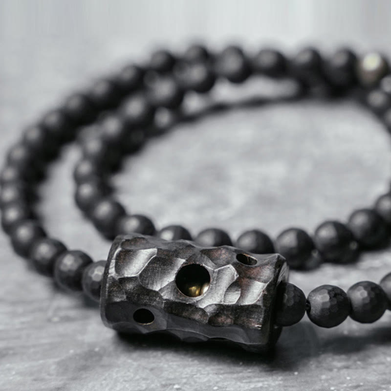 Frosted Black Onyx and Ebony Wood Double Wrap Brass Accent Bracelet