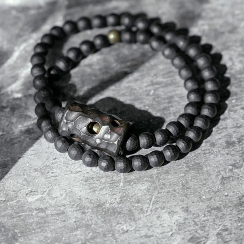 Frosted Black Onyx and Ebony Wood Double Wrap Brass Accent Bracelet