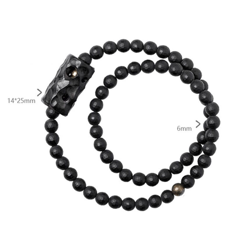 Frosted Black Onyx and Ebony Wood Double Wrap Brass Accent Bracelet