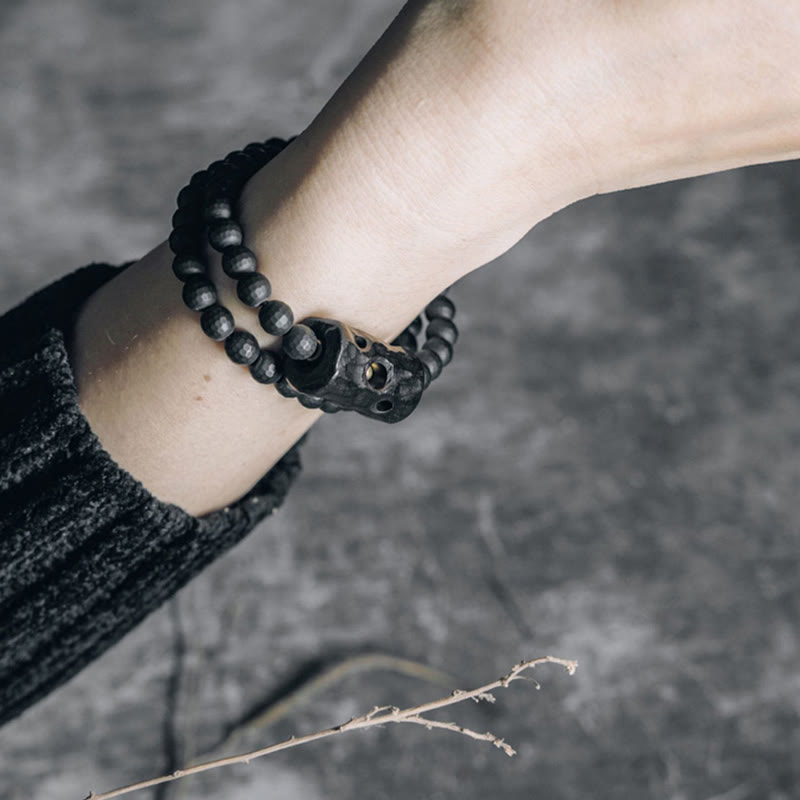 Frosted Black Onyx and Ebony Wood Double Wrap Brass Accent Bracelet