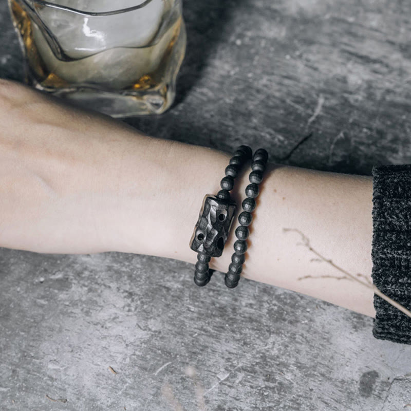 Frosted Black Onyx and Ebony Wood Double Wrap Brass Accent Bracelet
