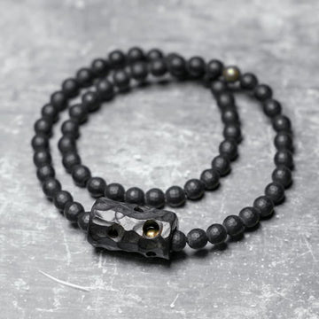 Frosted Black Onyx and Ebony Wood Double Wrap Brass Accent Bracelet