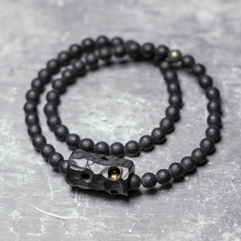 Frosted Black Onyx and Ebony Wood Double Wrap Brass Accent Bracelet