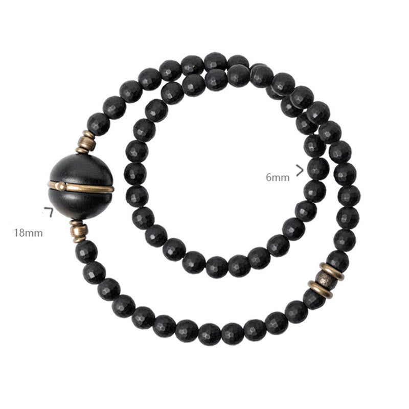 Frosted Cut Black Onyx and Ebony Wood Brass Double Wrap Bracelet