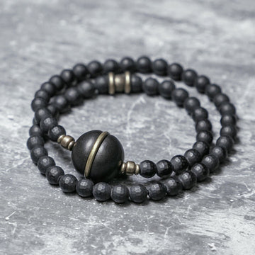 Frosted Cut Black Onyx and Ebony Wood Brass Double Wrap Bracelet