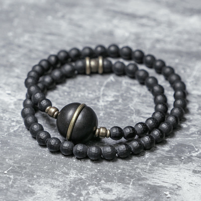 Frosted Cut Black Onyx and Ebony Wood Brass Double Wrap Bracelet