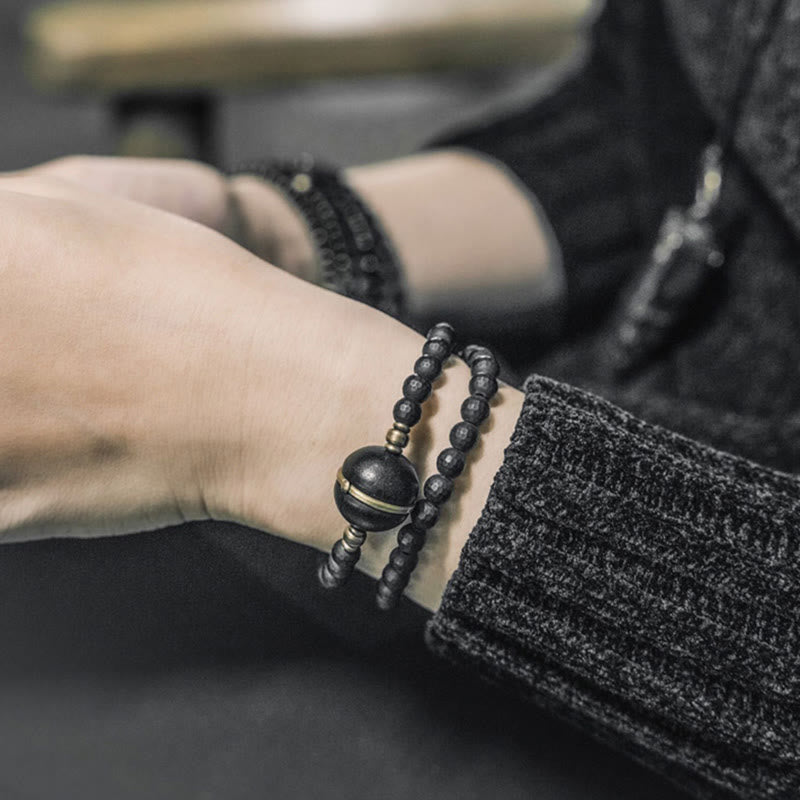 Frosted Cut Black Onyx and Ebony Wood Brass Double Wrap Bracelet