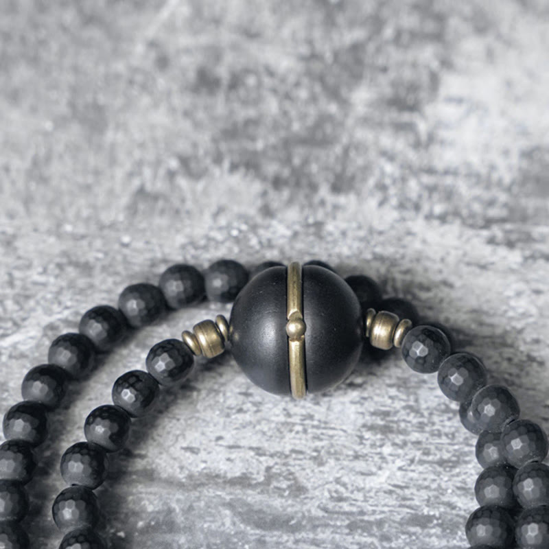 Frosted Cut Black Onyx and Ebony Wood Brass Double Wrap Bracelet