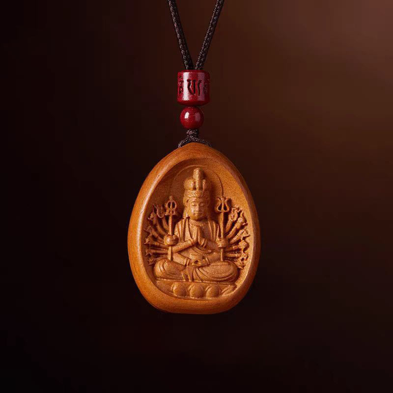 Peach Wood Cinnabar Om Mani Padme Hum Chinese Zodiac Black String Necklace Pendants