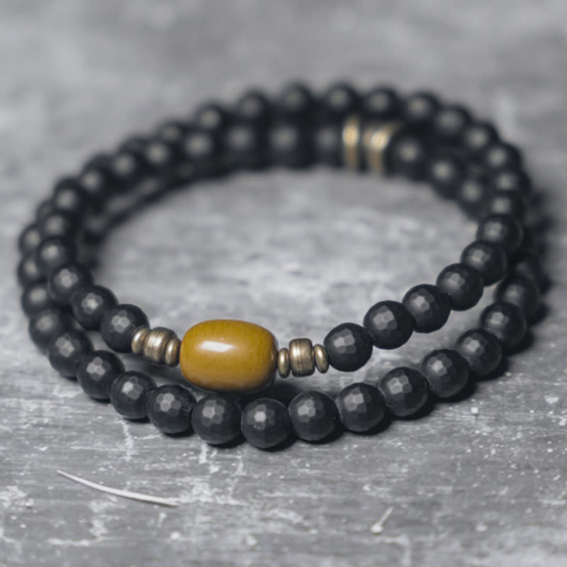 Frosted Cut Surface Black Onyx Topaz Beads Double Wrap Protection Bracelet