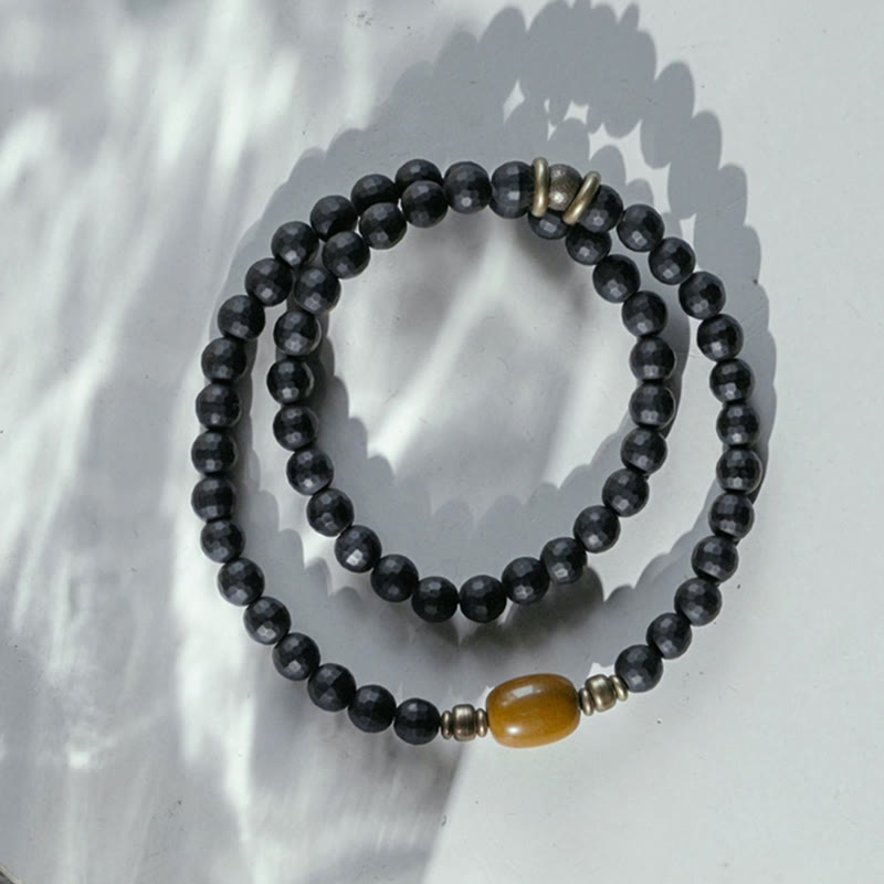 Frosted Cut Surface Black Onyx Topaz Beads Double Wrap Protection Bracelet