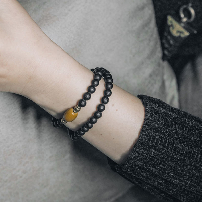 Frosted Cut Surface Black Onyx Topaz Beads Double Wrap Protection Bracelet