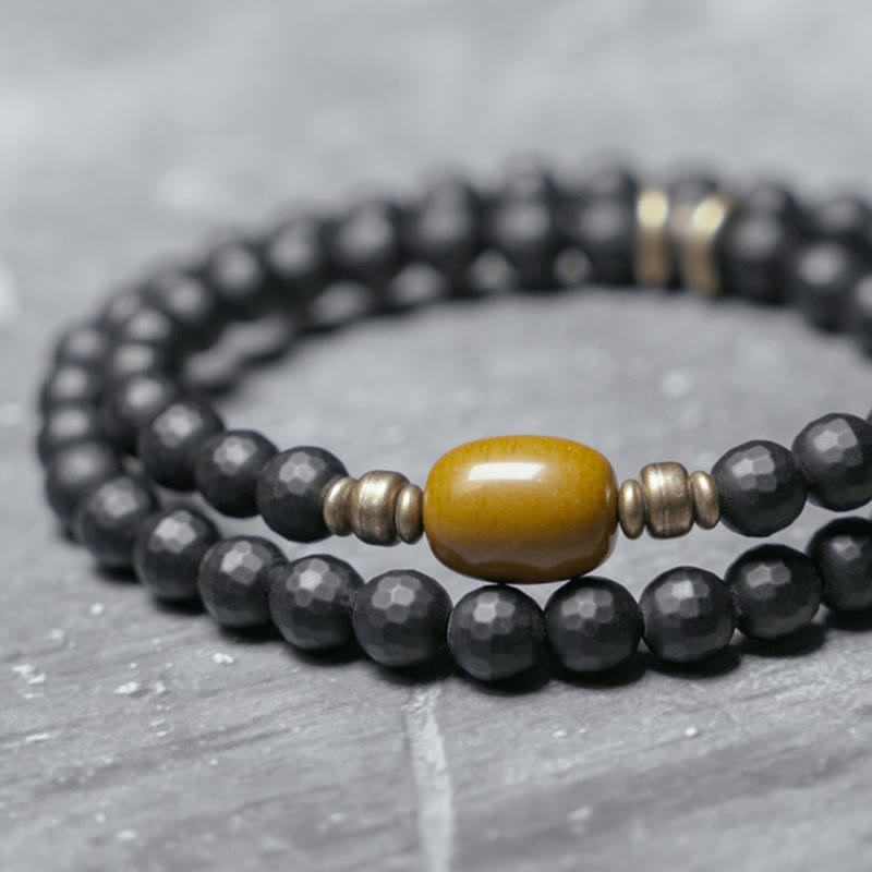 Frosted Cut Surface Black Onyx Topaz Beads Double Wrap Protection Bracelet