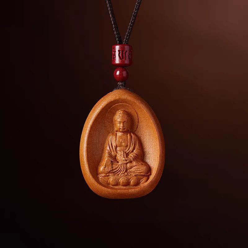Peach Wood Cinnabar Om Mani Padme Hum Chinese Zodiac Black String Necklace Pendants