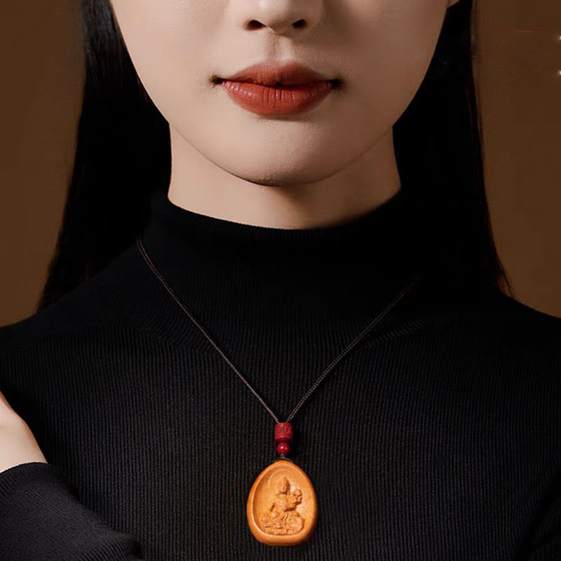 Peach Wood Cinnabar Om Mani Padme Hum Chinese Zodiac Black String Necklace Pendants