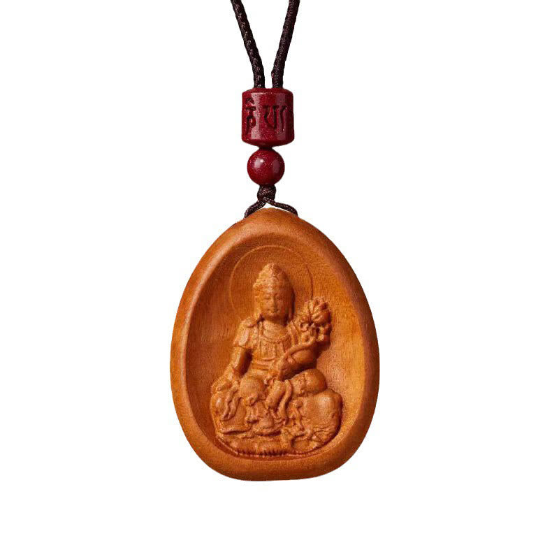 Peach Wood Cinnabar Om Mani Padme Hum Chinese Zodiac Black String Necklace Pendants