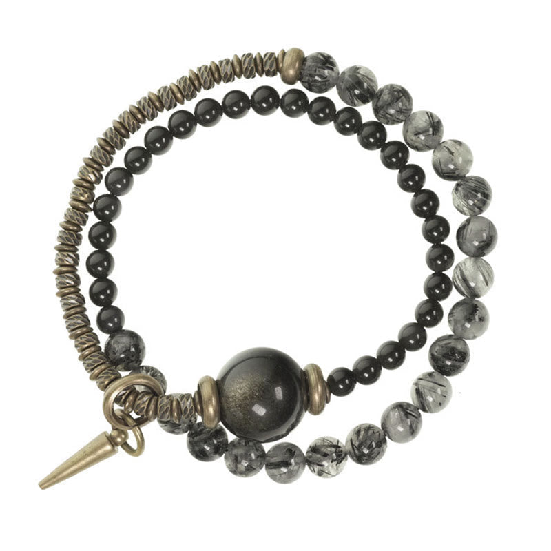 Gold Sheen Obsidian Black Rutilated Quartz Copper Brass Double Wrap Protection Bracelet