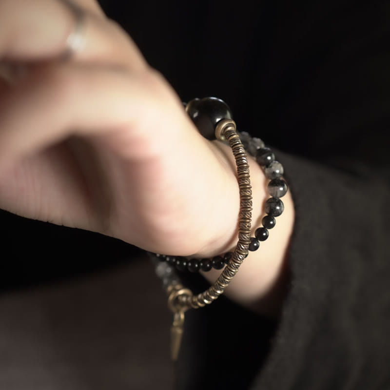 Gold Sheen Obsidian Black Rutilated Quartz Copper Brass Double Wrap Protection Bracelet