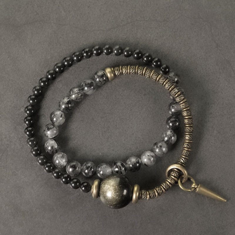 Gold Sheen Obsidian Black Rutilated Quartz Copper Brass Double Wrap Protection Bracelet