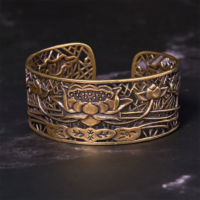 Hollow Lotus Silver Plated Copper Healing Enlightenment Bracelet Bangle