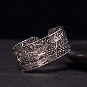 Hollow Lotus Silver Plated Copper Healing Enlightenment Bracelet Bangle