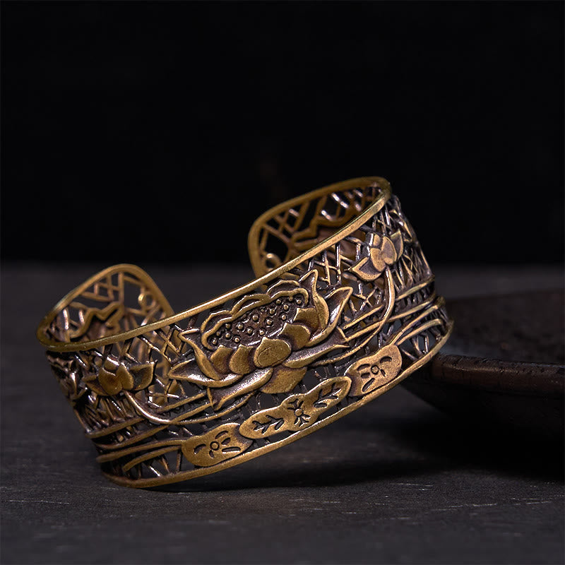 Hollow Lotus Silver Plated Copper Healing Enlightenment Bracelet Bangle