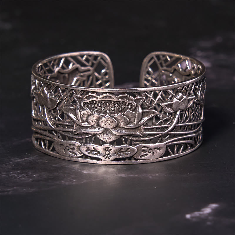 Hollow Lotus Silver Plated Copper Healing Enlightenment Bracelet Bangle