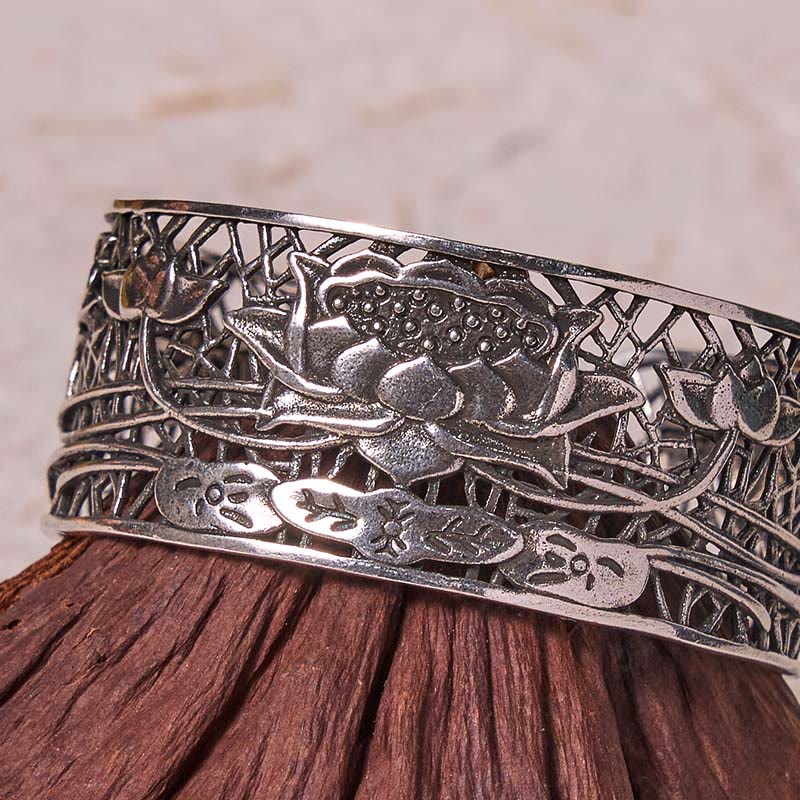 Hollow Lotus Silver Plated Copper Healing Enlightenment Bracelet Bangle