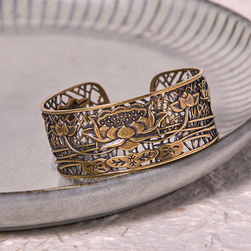 Hollow Lotus Silver Plated Copper Healing Enlightenment Bracelet Bangle