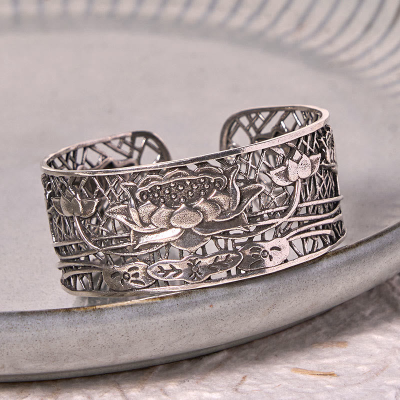 Hollow Lotus Silver Plated Copper Healing Enlightenment Bracelet Bangle