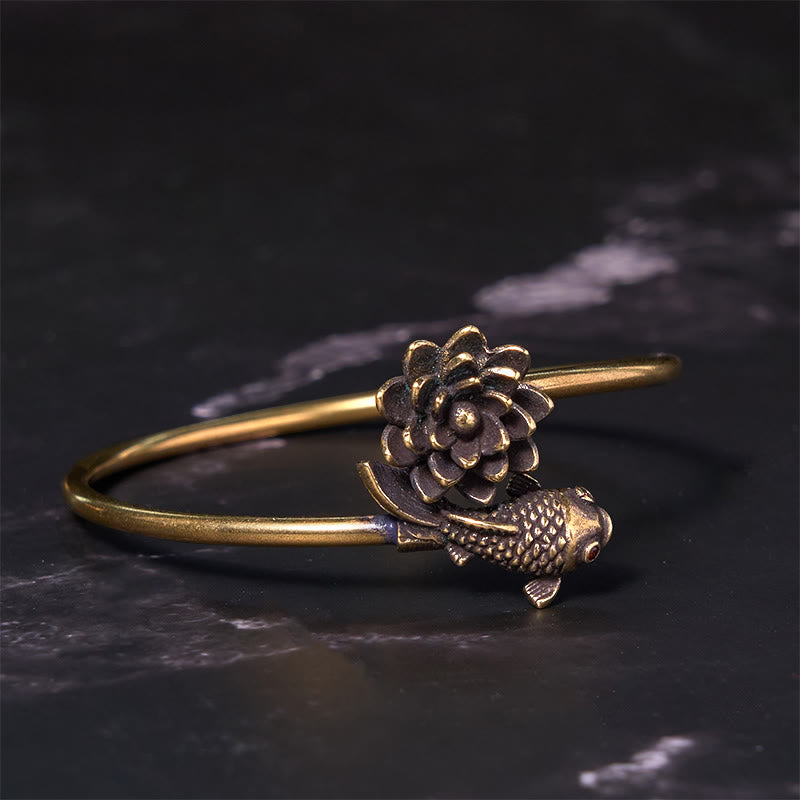 Lotus Flower Koi Fish Copper Brass Enlightenment Luck Bracelet Bangle