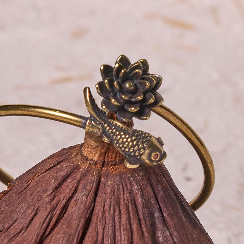 Lotus Flower Koi Fish Copper Brass Enlightenment Luck Bracelet Bangle