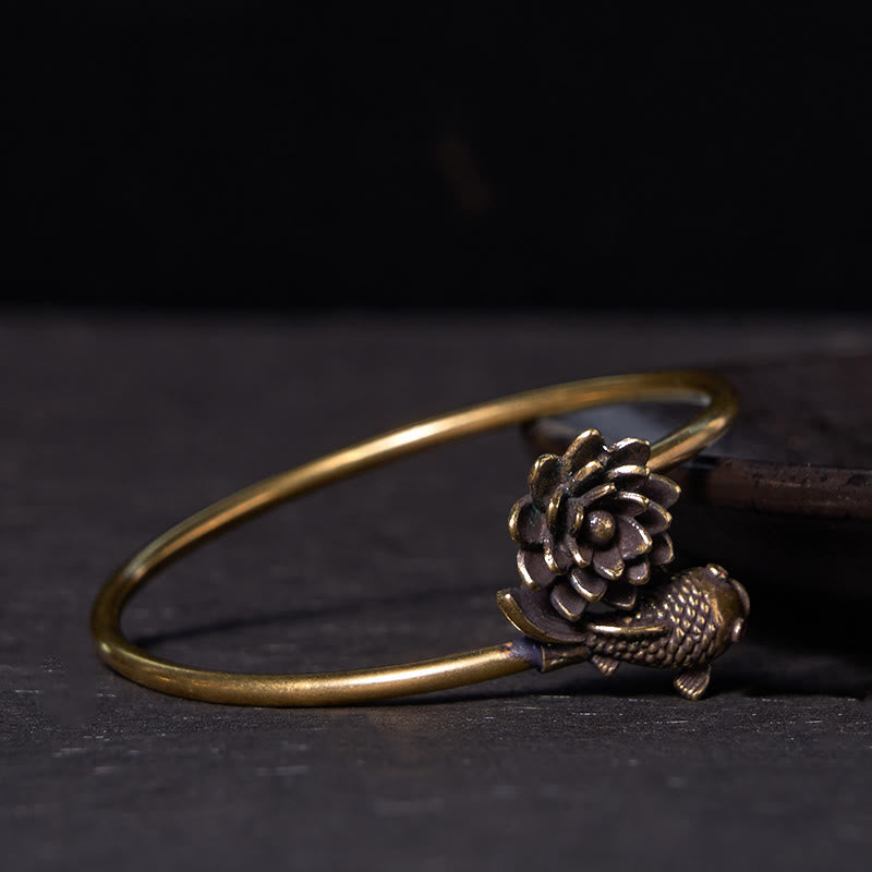 Lotus Flower Koi Fish Copper Brass Enlightenment Luck Bracelet Bangle