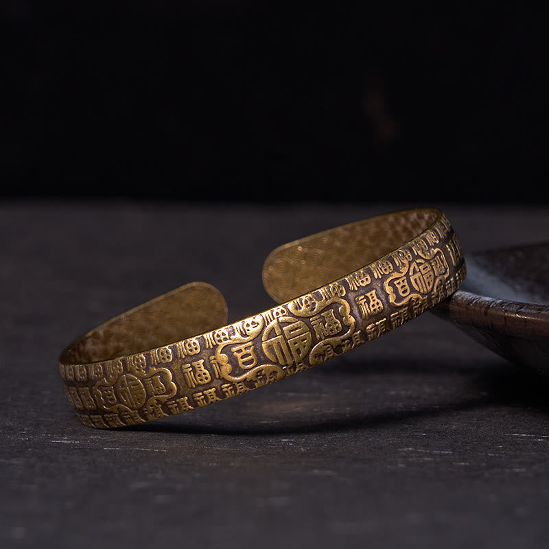 Hundred Blessings Fu Character Copper Brass Luck Bracelet Bangle