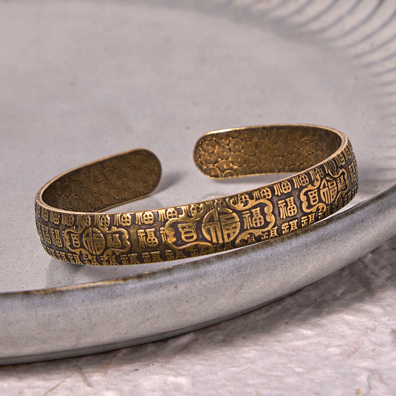 Hundred Blessings Fu Character Copper Brass Luck Bracelet Bangle