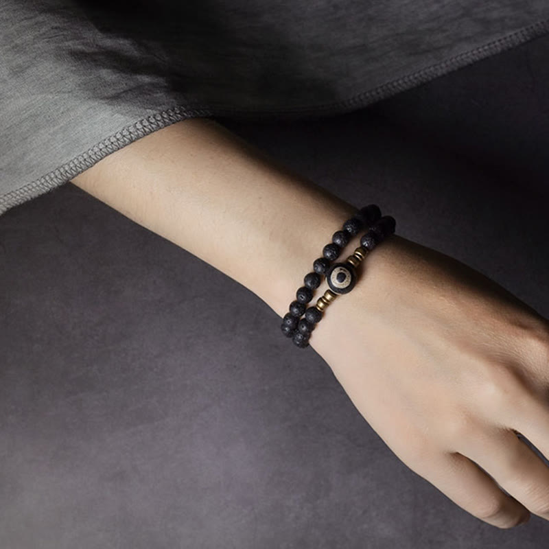 Vintage Lava Rock Three-eyed Dzi Bead Copper Brass Beads Double Wrap Healing Bracelet