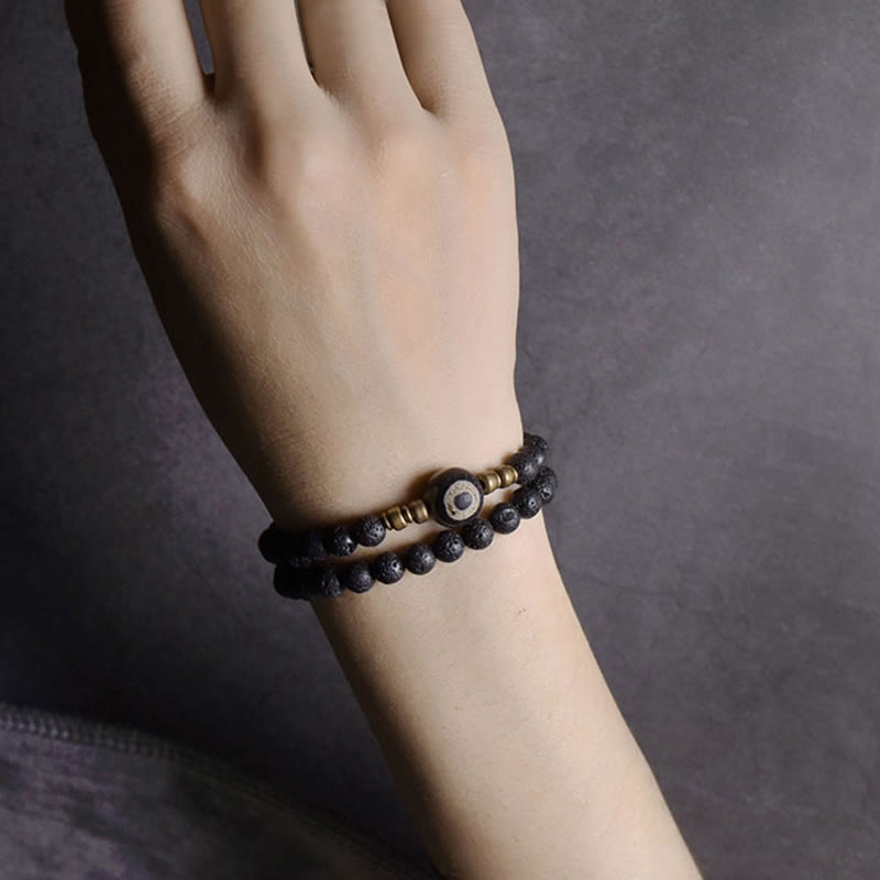 Vintage Lava Rock Three-eyed Dzi Bead Copper Brass Beads Double Wrap Healing Bracelet