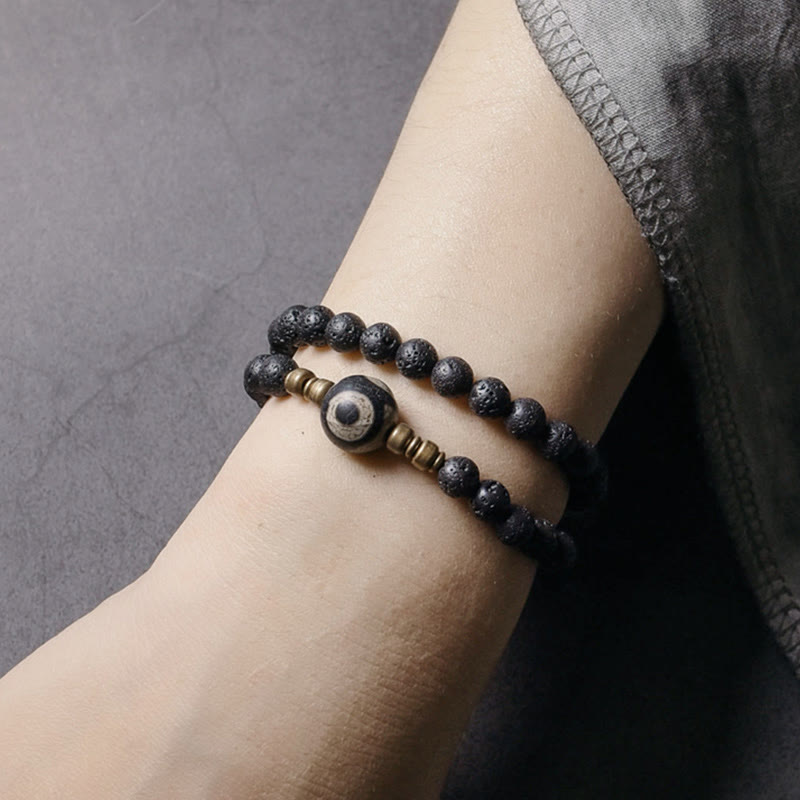 Vintage Lava Rock Three-eyed Dzi Bead Copper Brass Beads Double Wrap Healing Bracelet