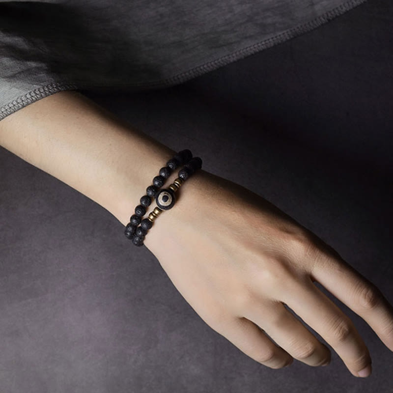 Vintage Lava Rock Three-eyed Dzi Bead Copper Brass Beads Double Wrap Healing Bracelet