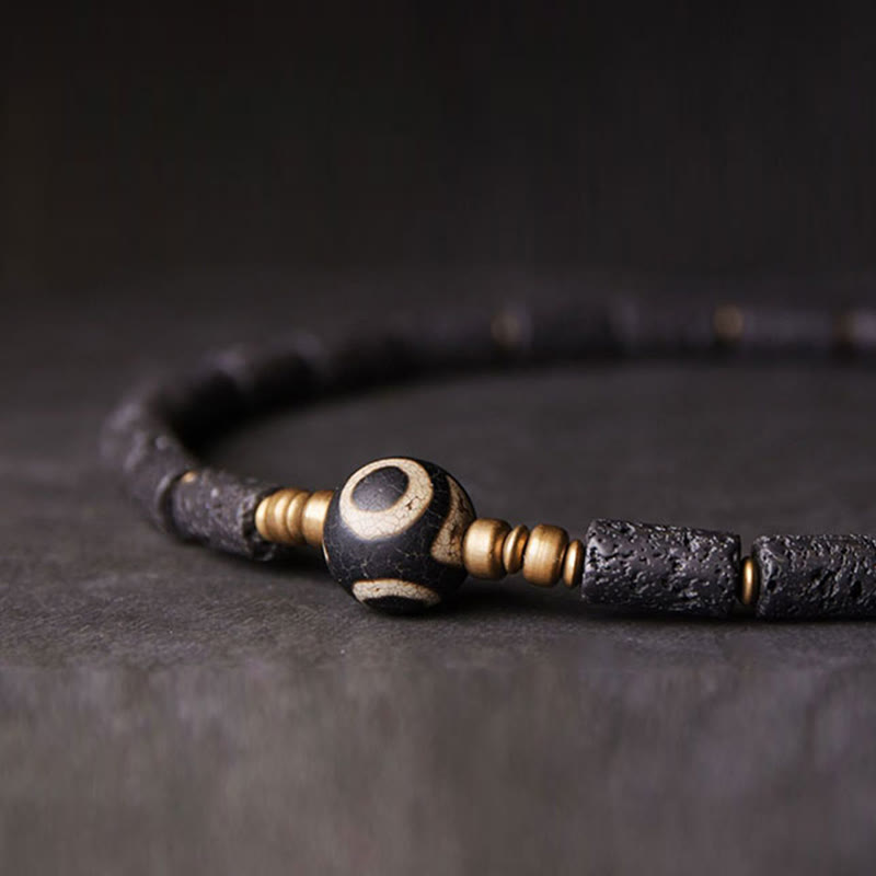 Vintage Lava Rock Three-eyed Dzi Bead Copper Brass Multi-turn Wrap Calm Bracelet