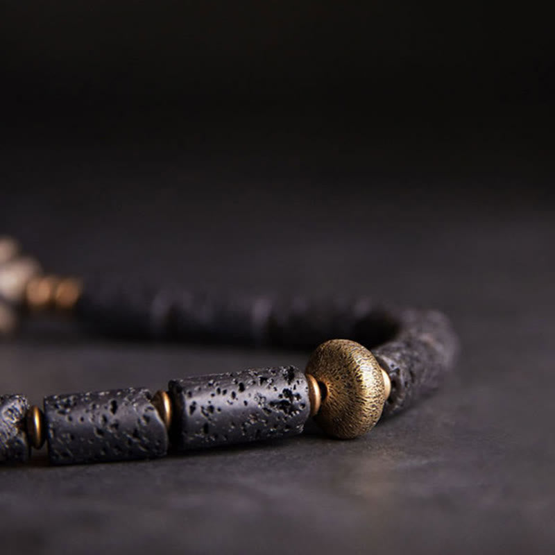 Vintage Lava Rock Three-eyed Dzi Bead Copper Brass Multi-turn Wrap Calm Bracelet