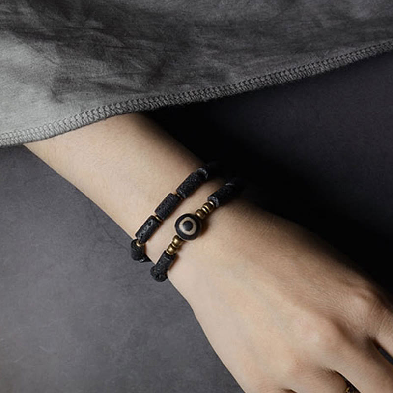 Vintage Lava Rock Three-eyed Dzi Bead Copper Brass Multi-turn Wrap Calm Bracelet